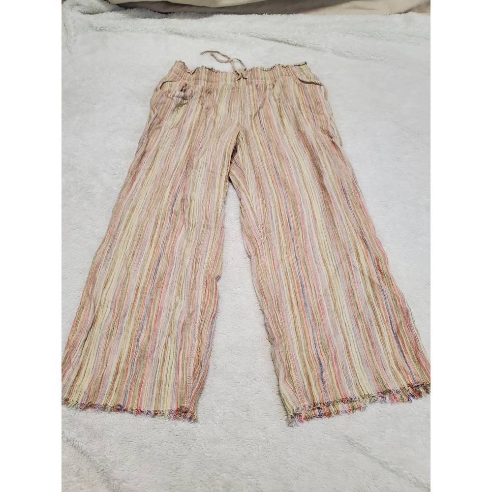 Cato Cream Striped Linen Blend‎ Cropped Pant Medium Bohemian Boho Minimalist